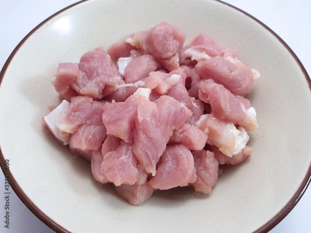 Top view of pork sliced in white bowl as a background, fresh meat for grill or cooking Top view of pork sliced in white bowl as a background, fresh meat for grill or cooking