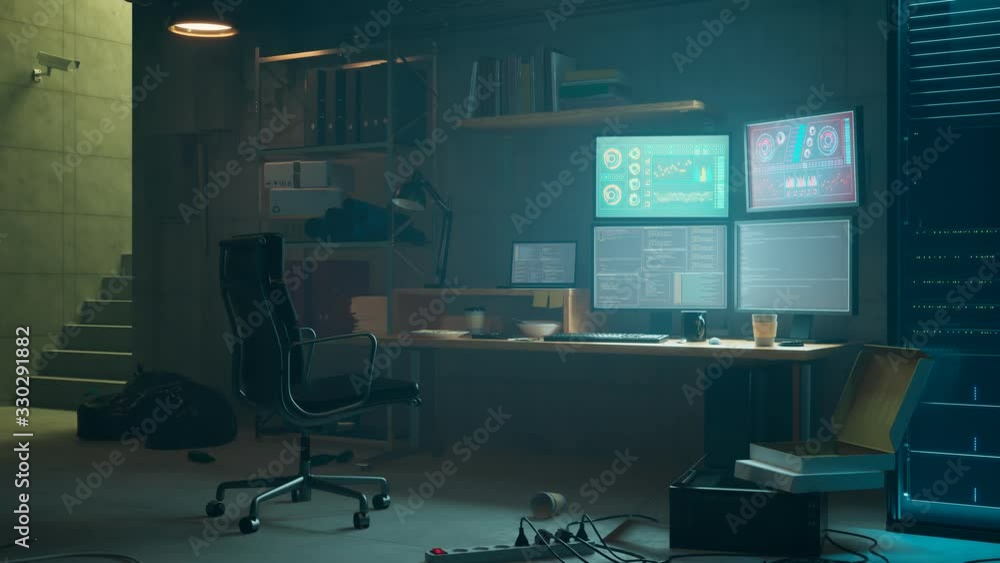 Hacker room. Digital attack. Data stealing using cyberspace. Network crime. 4K Hacker room. Digital attack. Data stealing using cyberspace. Network crime. 4K