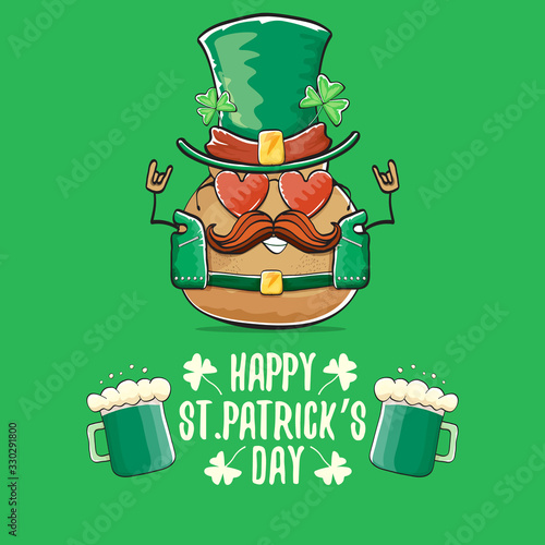 Happy saint patricks day greeting card with funky leprechaun rock star potato character with green particks hat and beer isolated on green background. Rock n roll hipster vegetable funky character photo