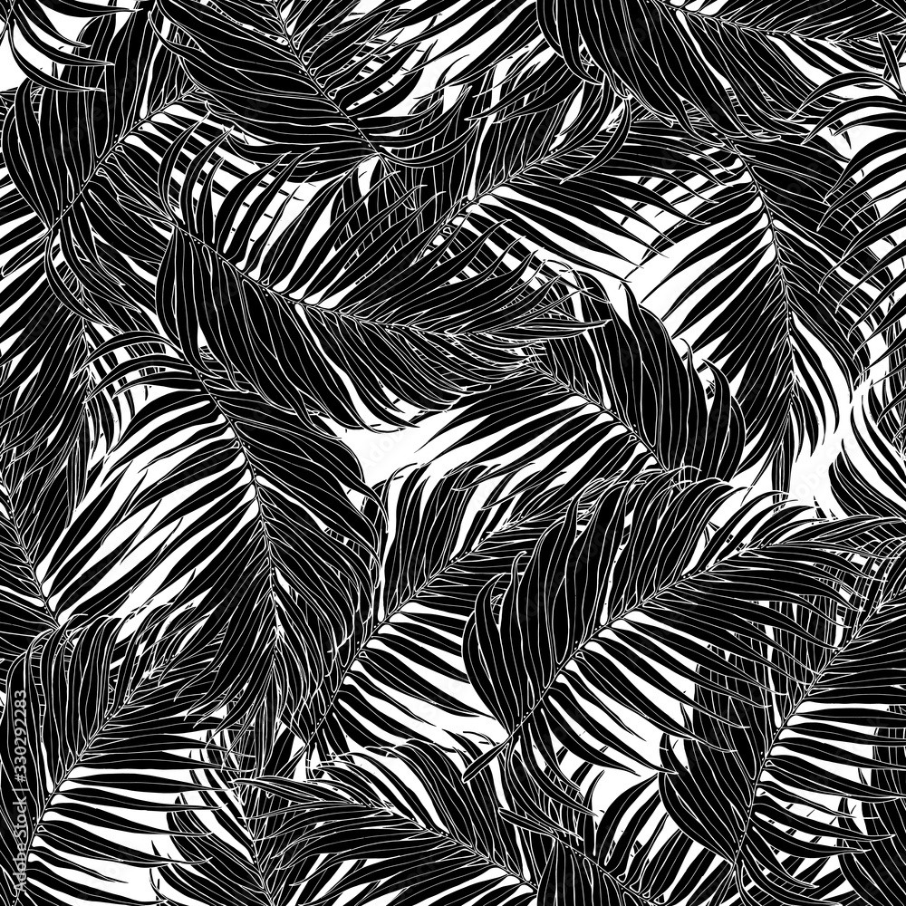 Seamless pattern, black and white palm leaves. Tropical pattern, botanical leaf backdrop.