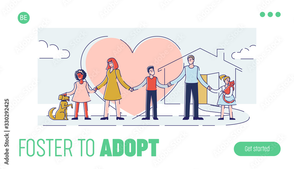 Concept Of Care, Responsibility And Adoption. Website Landing Page. People Take Care Of Homeless Animals. Family Adopt Pets From Animal Shelter. Web Page Cartoon Outline Linear Vector Illustration