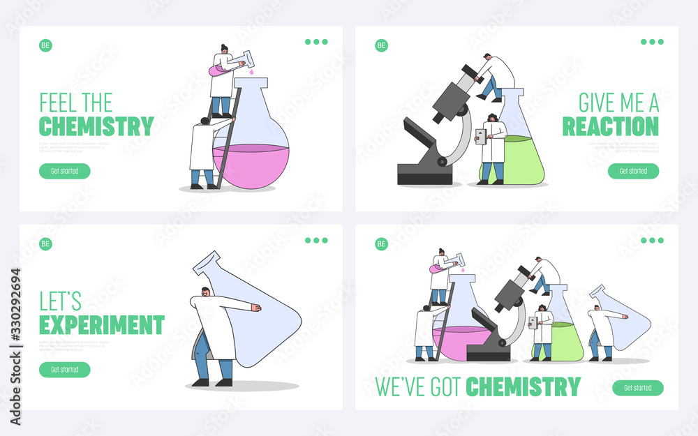 Laboratory Experiments Concept. Website Landing Page. Team of Chemists and Laboratory Technicians Is Making An Chemical Experiments. Set Of Web Pages Cartoon Linear Outline Flat Vector Illustrations