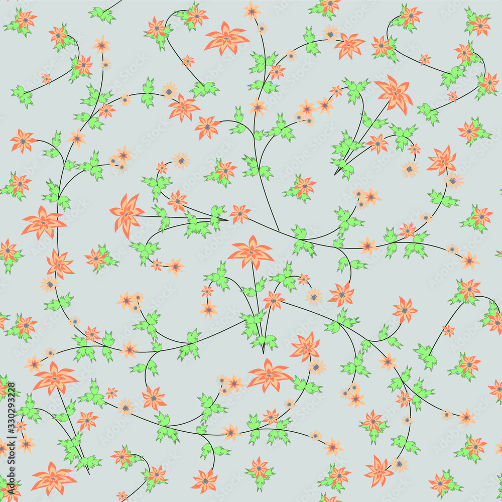 Seamless pattern of abstract flowers on their stems with green leaf print , fabric