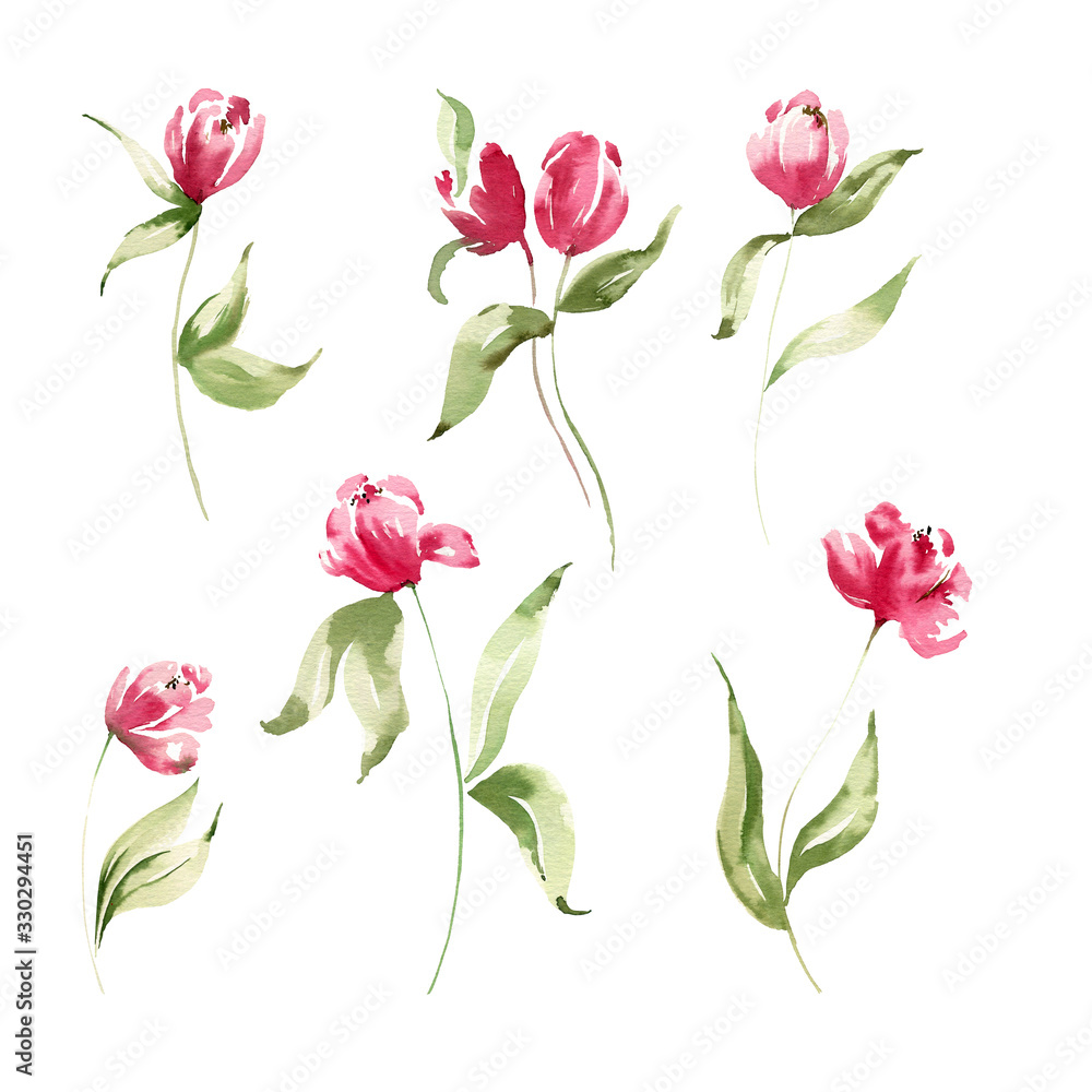 Watercolor isolated red tulip clipart. Red abstract peony. Blooming individual florals. Happy Easter. Spring flowers.