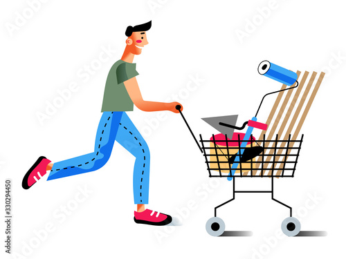 Vector character man push cart in hardware store