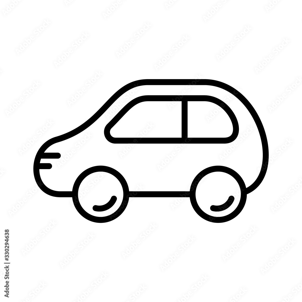 Cartoon car icon. Thick linear logo of passenger transport. Black simple illustration of auto travel, moving, way, route. Contour isolated vector emblem on white background