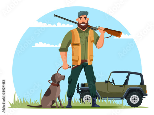 Fotografie, Tablou Vector characters hunter with gun and dog on hunt