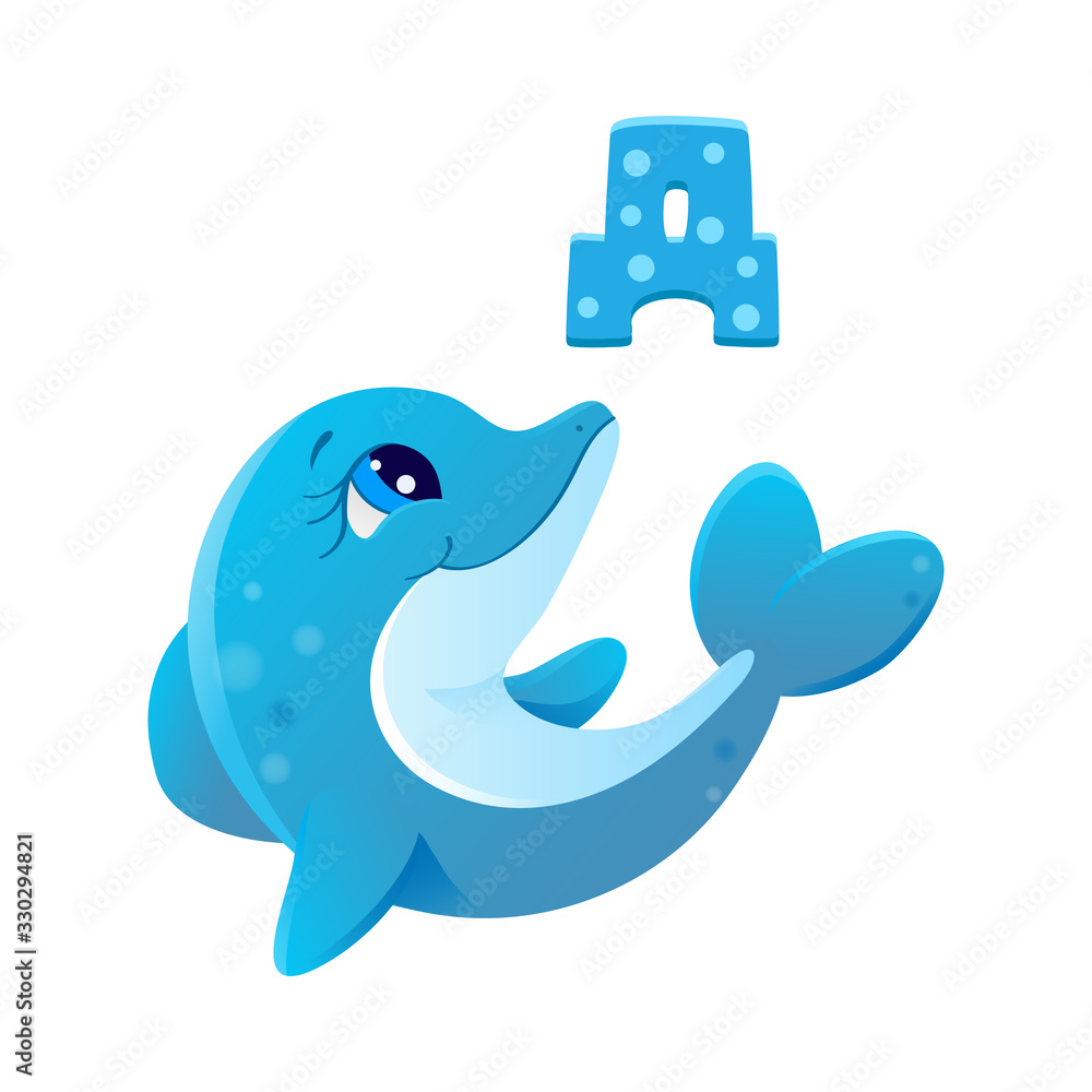Obraz premium blue cheerful cartoon dolphin vector icon, underwater world of sea ocean isolated on white background, t-shirt printing template eps 10, big eyes illustration small gregarious toothed whale latin abc 