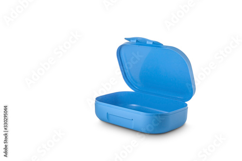 Open empty plastic blue lunchbox on a white background.