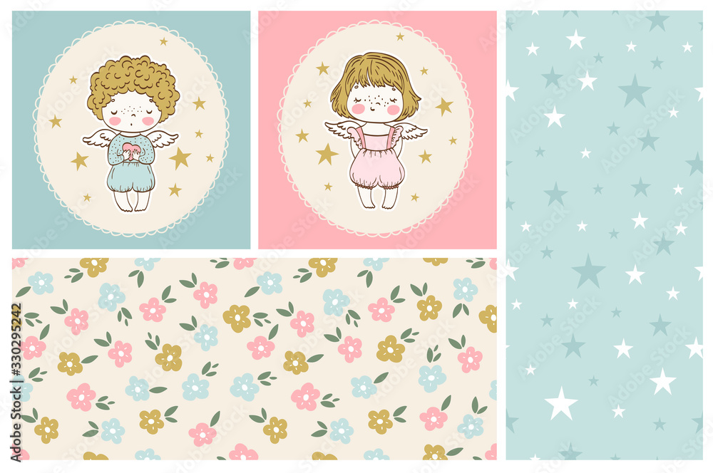 Two baby angel show cards. Seamless pattern set. Two baby angel show cards. Seamless pattern set.