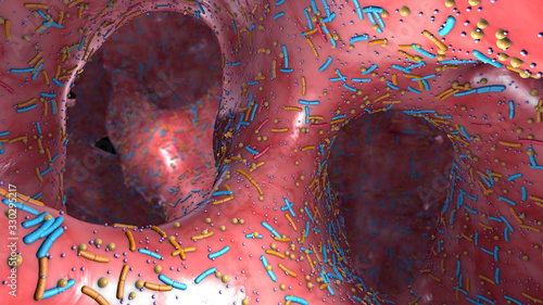 Photography Different germs in the human intestines called microbiota - 3d illustration