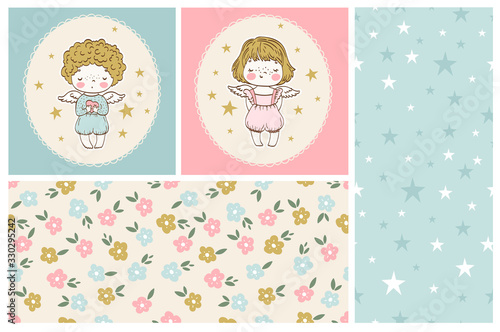 Two baby angel show cards. Seamless pattern set.