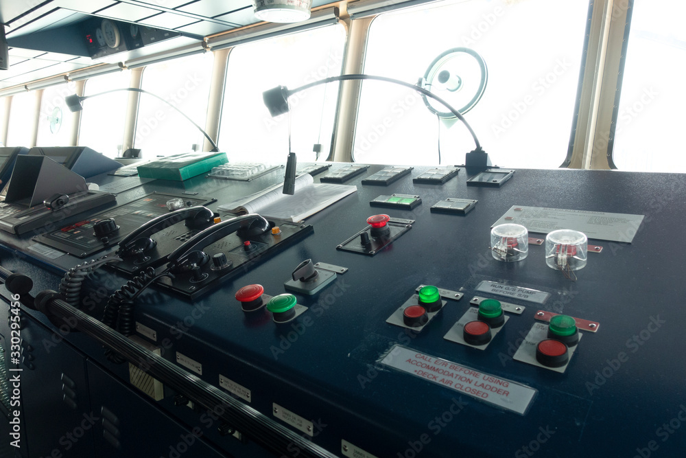 Control navigator panel room on the bridge of the ship.