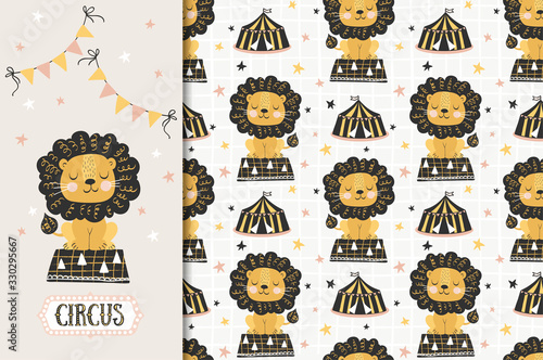 Cute cartoon circus lion. Card and seamless pattern set. Jungle animals and background.