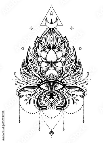 Lotus, Eye, Sacred Geometry. Ayurveda symbol of harmony and balance, and universe. Tattoo flesh design, yoga logo. Boho print, poster, t-shirt textile. Anti stress book. Isolated vector illustration..
