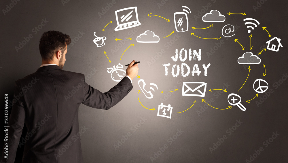 businessman drawing social media icons with JOIN TODAY inscription, new media concept businessman drawing social media icons with JOIN TODAY inscription, new media concept