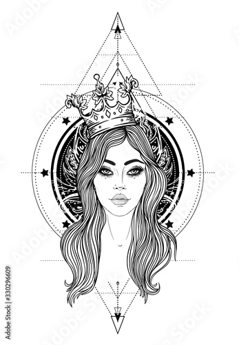 Divine goddess. Black and white girl over sacred geometry sign, isolated vector illustration. Tattoo sketch. Mystical symbol. Alchemy, occultism, spirituality, coloring book. Hand-drawn vintage.