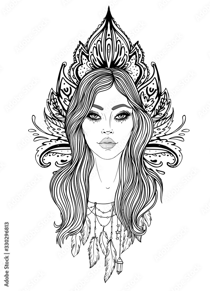 Divine goddess. Black and white girl over sacred geometry sign, isolated vector illustration. Tattoo sketch. Mystical symbol. Alchemy, occultism, spirituality, coloring book. Hand-drawn vintage. Divine goddess. Black and white girl over sacred geometry sign, isolated vector illustration. Tattoo sketch. Mystical symbol. Alchemy, occultism, spirituality, coloring book. Hand-drawn vintage.