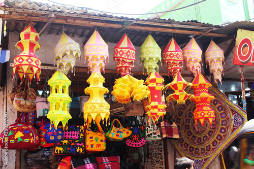 Chandua are hanging infront of a shop at puri sea beach