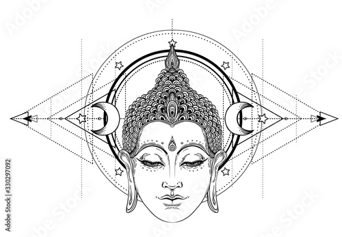 Buddha face over ornate mandala round pattern. Esoteric vintage vector illustration. Indian, Buddhism, spiritual art. Hippie tattoo, spirituality, Thai god, yoga zen Coloring book pages for adults.