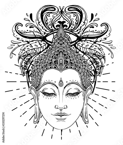 Buddha face over ornate mandala round pattern. Esoteric vintage vector illustration. Indian, Buddhism, spiritual art. Hippie tattoo, spirituality, Thai god, yoga zen Coloring book pages for adults.