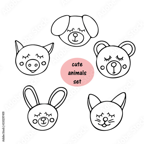 Cute animals sleeping with closed eyes and a blush on their cheeks Hand drawn in doodle style. set elementsdesign icon, cover social media, card, poster, sticker, child room, clothes, coloring book photo
