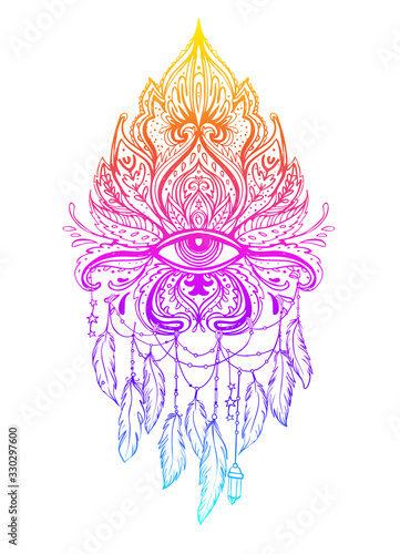 Vector ornamental Lotus flower, all-seeing eye, patterned Indian paisley. Han...
