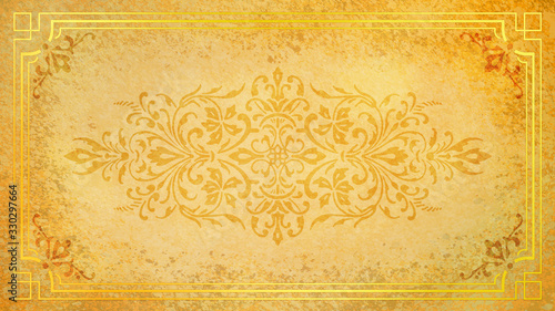 Jugendstil floral Ornament auf Hintergrund Pastell gelb braun Rand gold Textil Wand antik altes Papier Vorlage Layout Design Template Geschenk zeitlos schön alt barock edel rokoko elegant background