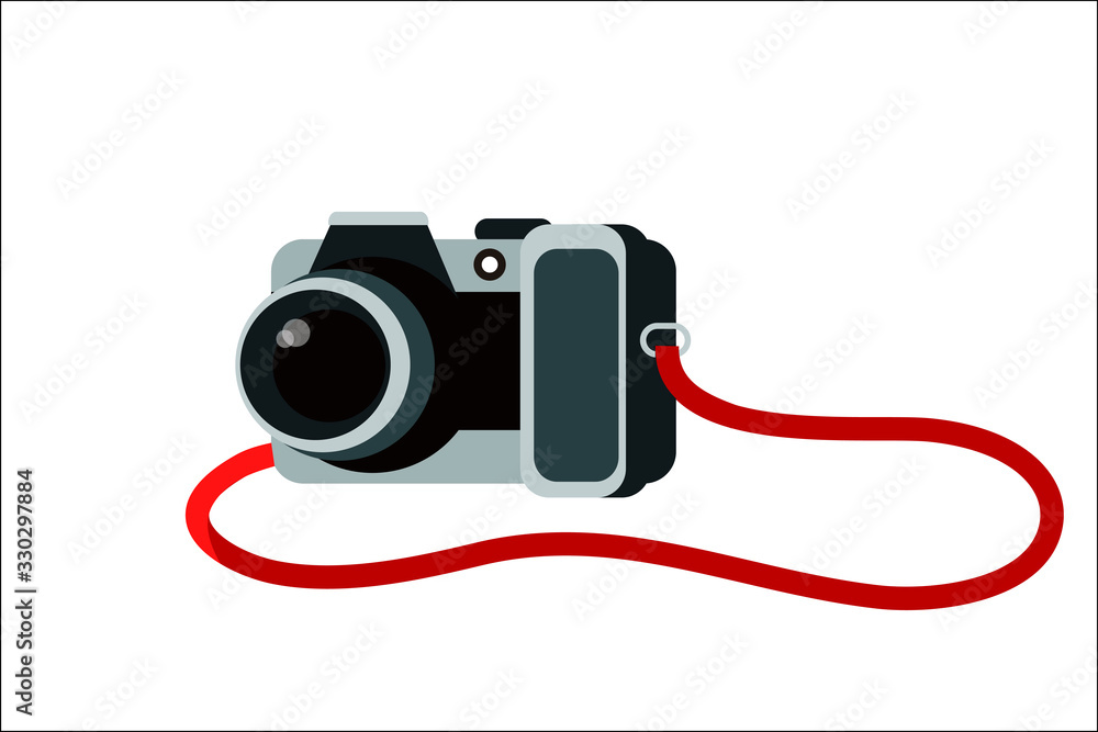 Camera vector cartoon illustration. Photography equipment flat clipart. Taking snapshot during vacation, travel shot. Compact digital camera for travelling. Isolated design element.
