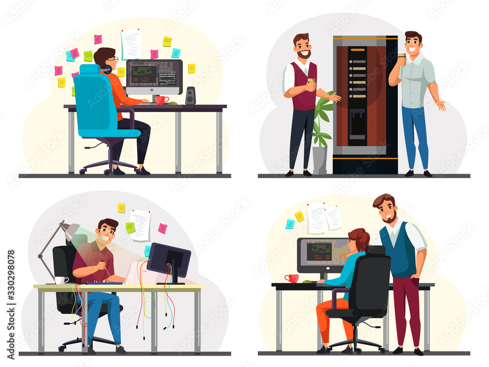Programmer working in office people scene set Programmer working in office people scene set