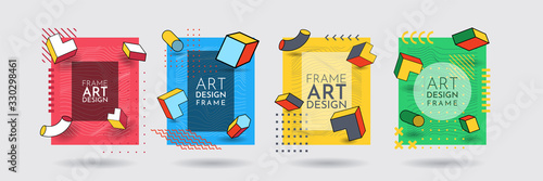 Vector frame for text. Modern Art graphic. Dynamic frame stylish geometric background. Element for design invitations, gift cards, flyers, posters, book covers, banners. Memphis pattern with 3d effect