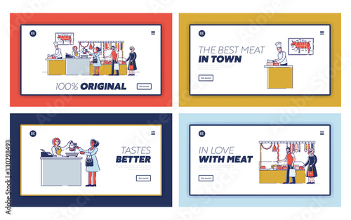 Butchery Shop Concept. Website Landing Page. People Are Choosing And Buying Meat And Meat Products. Sellers Offers a Fresh Assortment. Set Of Web Pages Cartoon Linear Outline Flat Vector Illustration