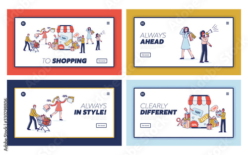 Concept Of Digital Marketing and Online Shopping. Website Landing Page. Characters Ordering And Buying Goods Online With Discounts. Set Of Web Pages Cartoon Linear Outline Flat Vector Illustrations
