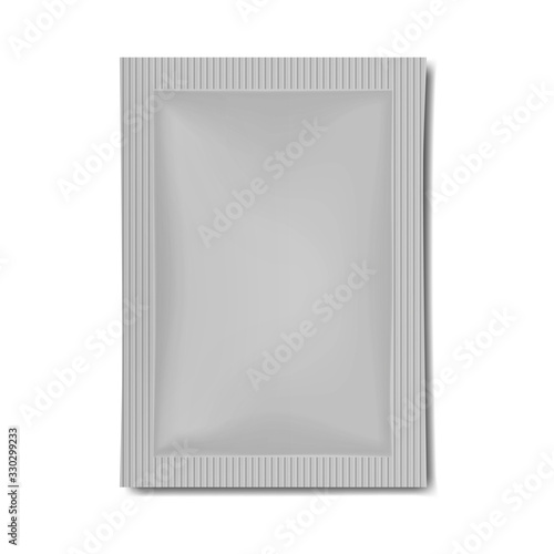 Blank gray sachet packet, vector mock-up. Individual wrapping bag for cosmetic, medical or food product. Template for design