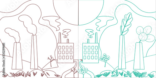 Сarbon neutral in outline. Plant, factory with industrial smog and without dirty polluting, comparison. Concept Sustainable fashion, ecology. Can used in print or poster design, for coloring book