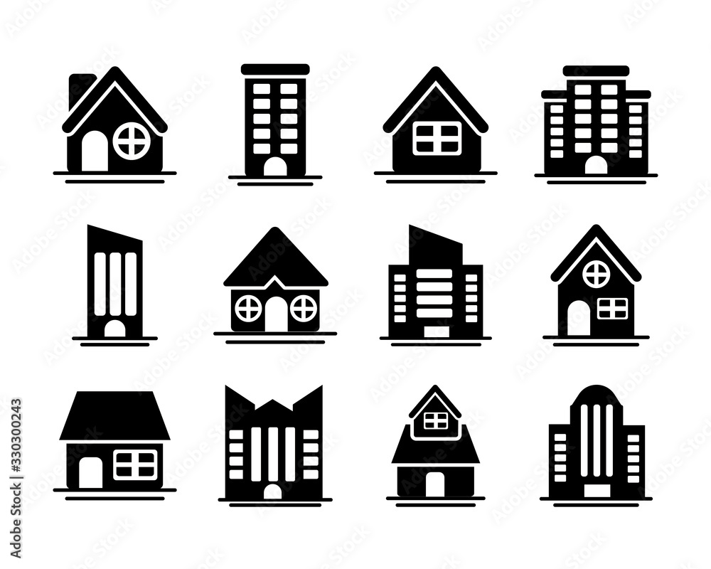 Φωτογραφία set of icons of towers of apartment, office building and house , silhouette styl