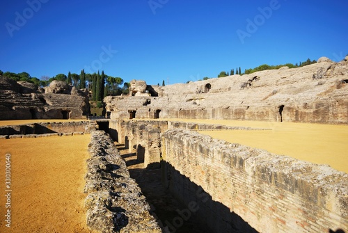 Arena in the Amphitheatre at the Roman ruins site of Italica, Seville, Spain.