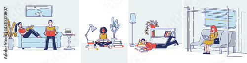 Concept Of Education, Reading Books. Literature Fans or Lovers. Book Festival of Students Girls and Boys Reading, Learning In Different Places. Cartoon Linear Outline Flat Style. Vector Illustration