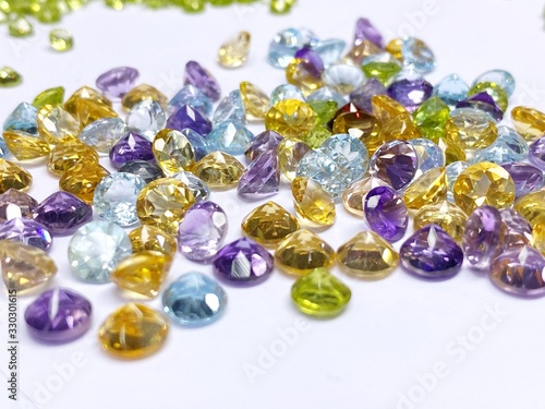Collection of many different natural gemstones on the white background. Jewel Gem on White shine color, Collection of many different natural gemstones. Copy space with wallpaper