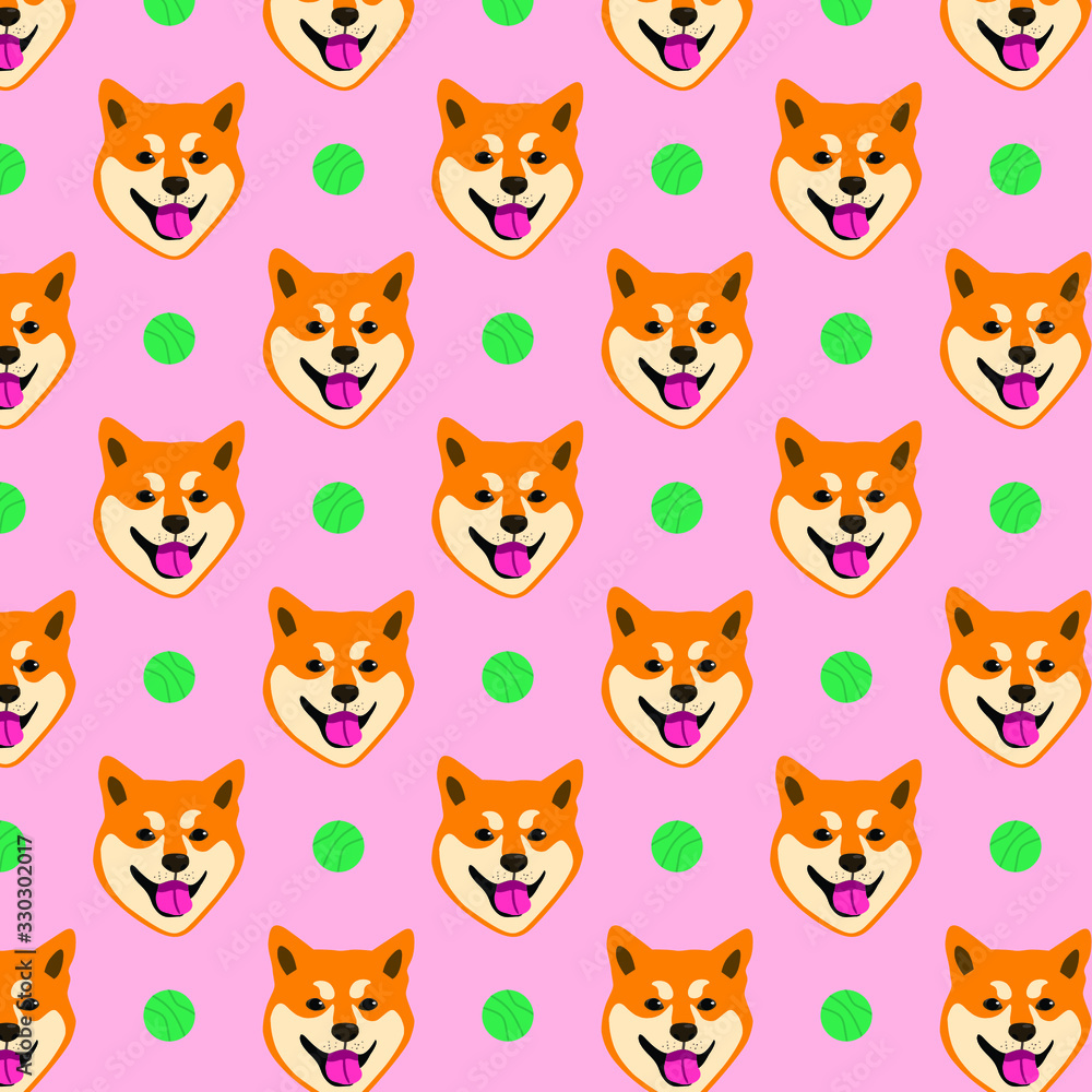 Seamless pattern with the image of a shiba inu dog. Dog with a ball.