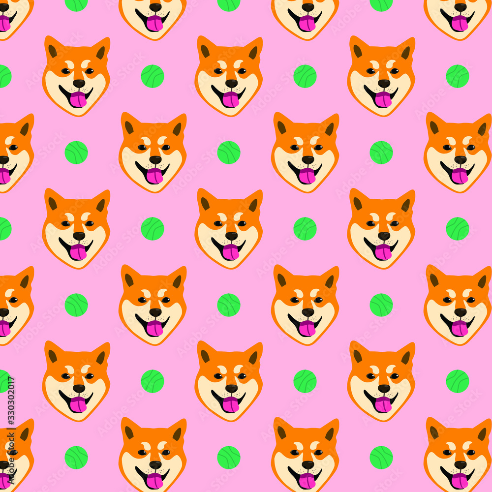 Seamless pattern with the image of a shiba inu dog. Dog with a ball. Seamless pattern with the image of a shiba inu dog. Dog with a ball.