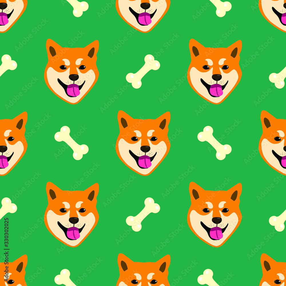 Obraz premium Seamless pattern with the image of a shiba inu dog. Dog with a bone.