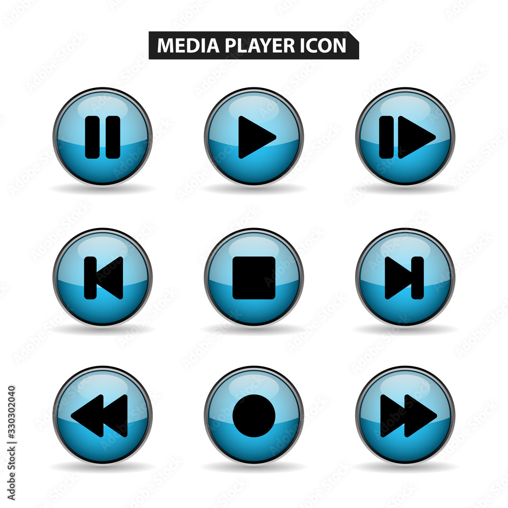Set of Blue media buttons. Round buttons with chrome frame. Vector 3d illustration on white background. Set of Blue media buttons. Round buttons with chrome frame. Vector 3d illustration on white background.