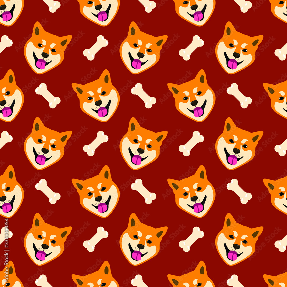 Seamless pattern with the image of a shiba inu dog. Dog with a bone.