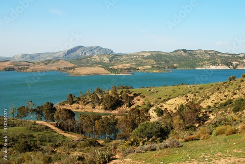 Elevated view of Guadalteba lake and surrounding countryside near Ardales  Spain.