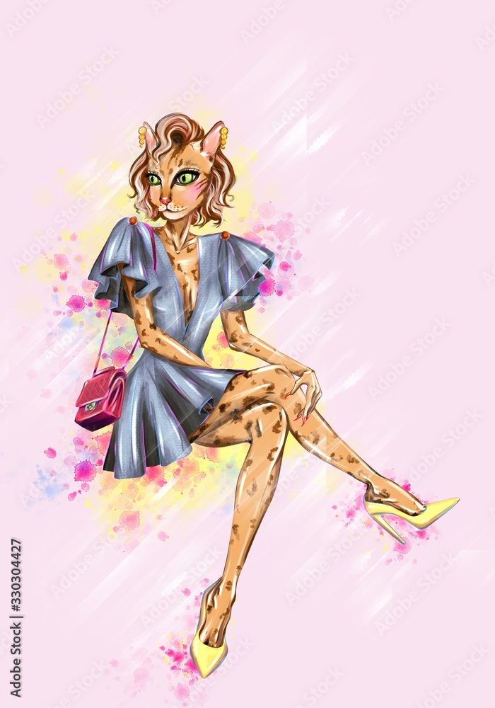 Hand drawn fashion art of leopard catwoman sits cross-legged in a summer dress and white high heels. fashion animal illustration Hand drawn fashion art of leopard catwoman sits cross-legged in a summer dress and white high heels. fashion animal illustration