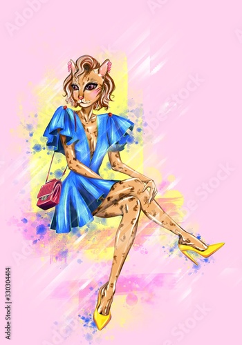 Hand drawn fashion art of leopard catwoman sits cross-legged in a summer dress and white high heels. fashion animal illustration
