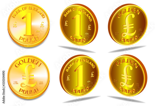3d British Pound 1 oz fine gold coin in multiple projections EPS10