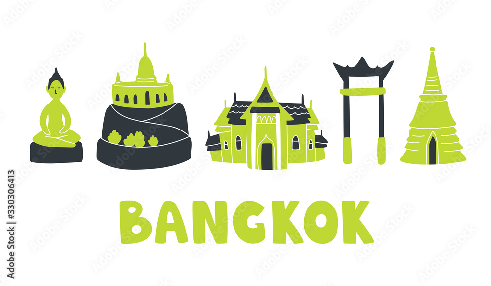 Vector illustration of Bangkok skyline. Swing, palace, golden mount, buddha and stupa. Artwork for touristic promotion, concept, posters, t-shirt, blog on white background in doodle style