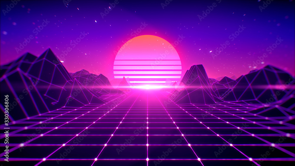 Ilustrace „Retro background futuristic 80's style, digital summer landscape  mountain, sun and space with laser grid on terrain, 3d rendering.“ ze  služby Stock | Adobe Stock